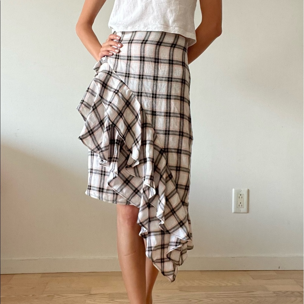 Asymmetrical Checkered Pattern Ruffle Midi Skirt